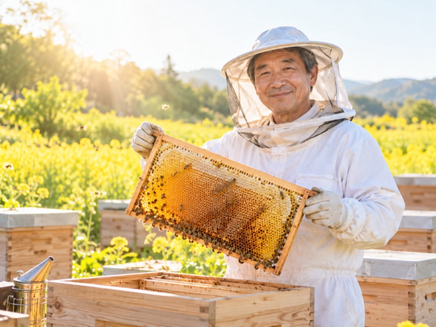 巣枠を手に微笑む養蜂家