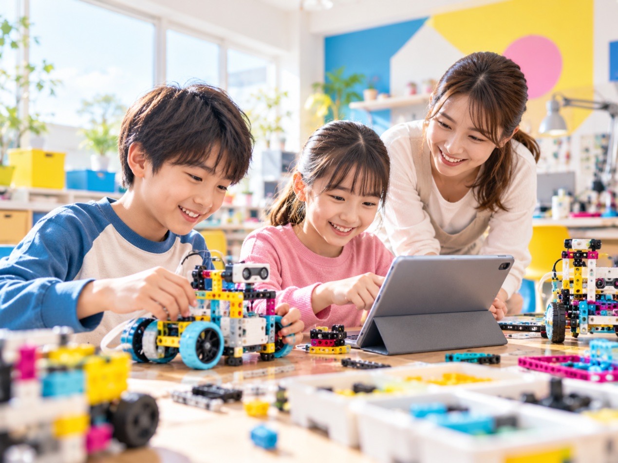 ロボットを組み立てる子どもたちと先生