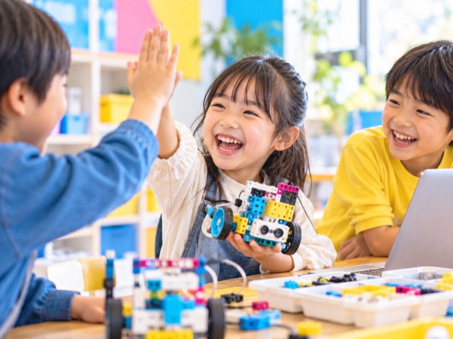 ロボットが動いてハイタッチする子どもたち