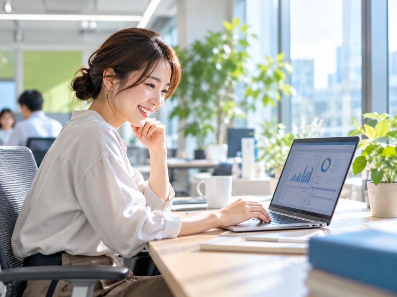 ダッシュボードを見て笑顔で働く総務担当