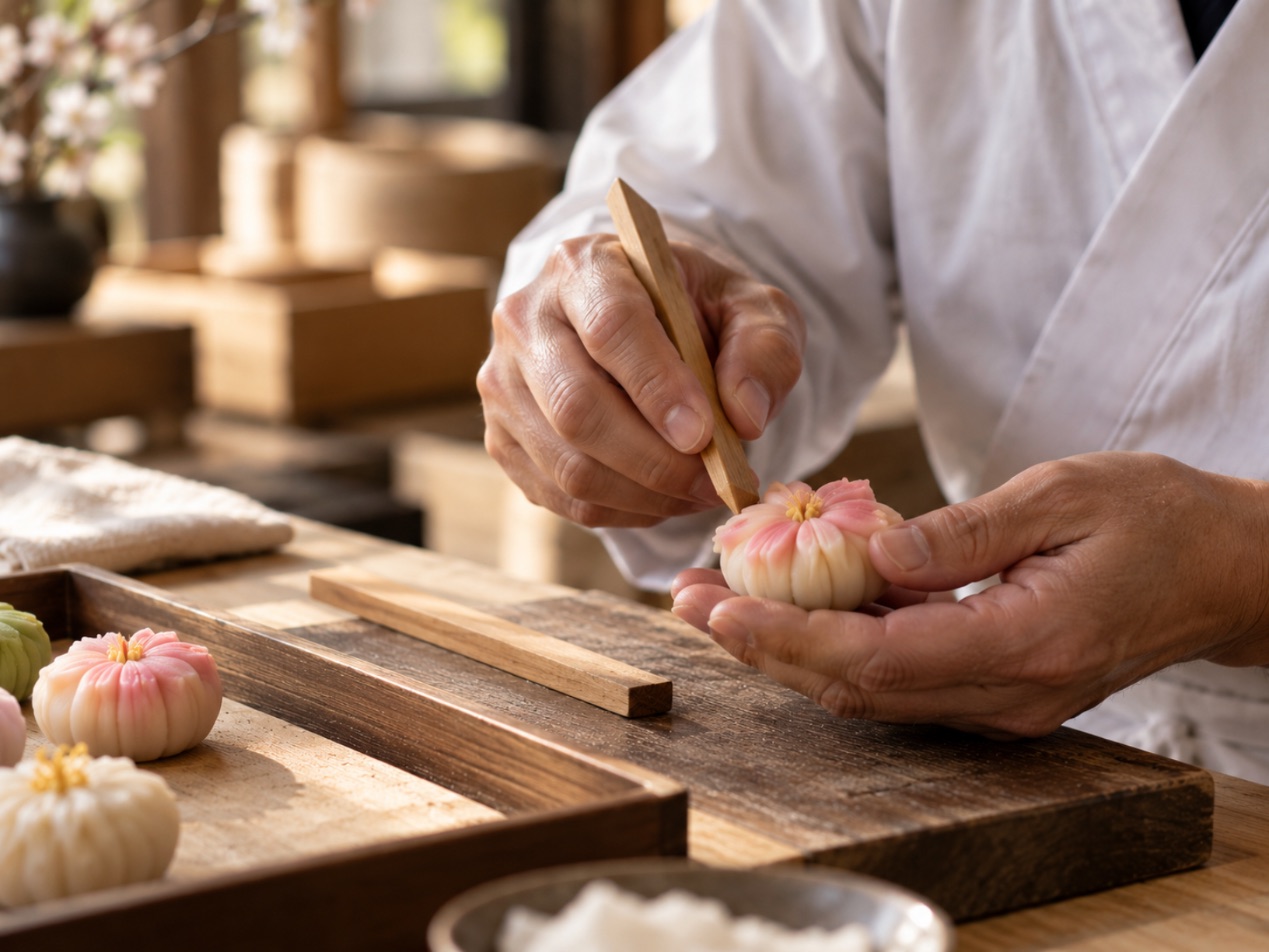 練り切りを整える職人の手