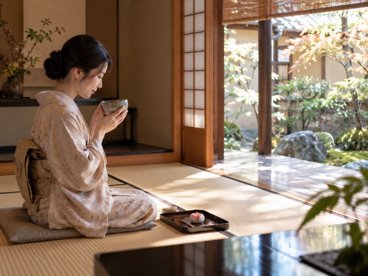 店内の茶席で抹茶をいただく