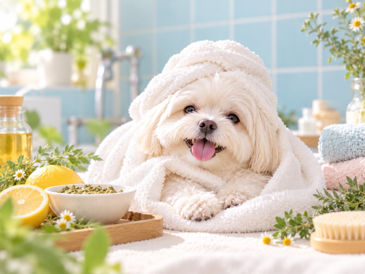 タオルにくるまれた犬